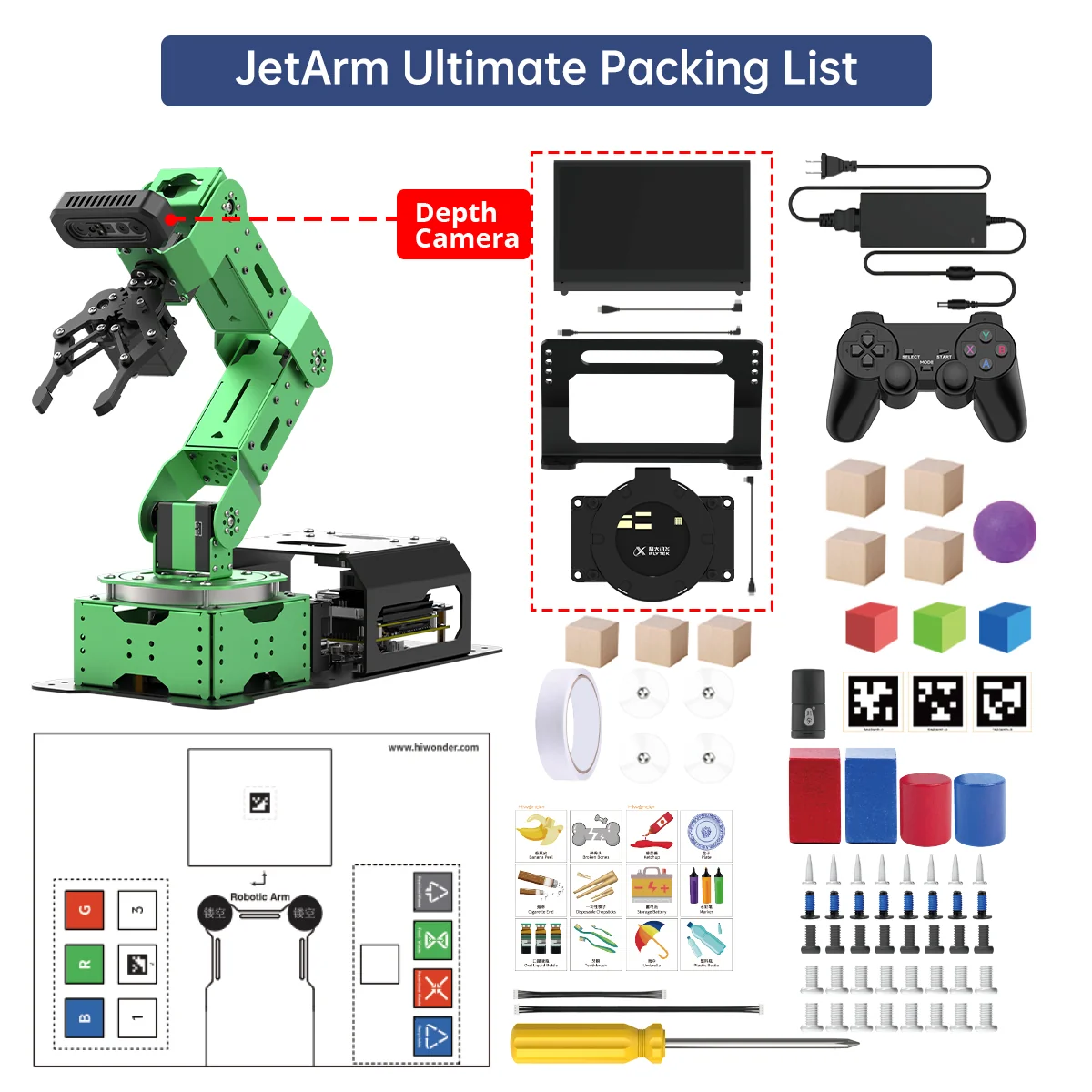Hiwonder JetArm ROS1/ROS2 3D Vision Robot Arm, with Multimodal AI Model (ChatGPT), AI Voice Interaction and Vision Recognition, Tracking & Sorting